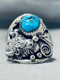 Astonishing Native American Navajo Kingman Turquoise Sterling Silver Buffalo Ring-Nativo Arts