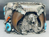 Big Mens Native American Navajo Turquoise Coral Sterling Silver Bear Bracelet-Nativo Arts