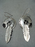 Impressive Vintage Native American Navajo Black Onyx Sterling Silver Earrings Old-Nativo Arts