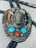 Strong Vintage Native American Navajo Turquoise Bison Sterling Silver Bolo Tie-Nativo Arts