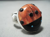 Detailed Ladybug Bulbous Native American Navajo Coral Turquoise Sterling Silver Ring-Nativo Arts