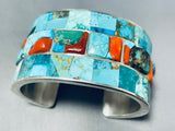 Native American Heavy 130 Gram Navajo Turquoise Coral Sterling Silver Wide Bracelet Cuff-Nativo Arts