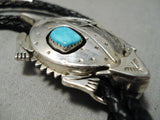 Important Native American Navajo Horny Toad Sterling Silver Turquoise Bolo Tie-Nativo Arts
