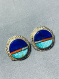 Important 14k Gold Vintage Native American Navajo Lyndon Tsosie Inlay Earrings-Nativo Arts