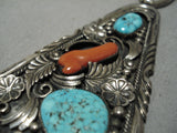Magnificent Vintage Native American Navajo Turquoise Coral Sterling Silver Necklace Old-Nativo Arts