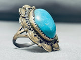 Impressive Native American Navajo Pilot Mountain Turquoise Sterling Silver Ring Signed-Nativo Arts