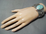 Very Detailed! Vintage Native American Navajo #8 Turquoise Sterling Silver Feather Bracelet-Nativo Arts