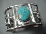 Heavy Maze Vintage Native American Navajo Carico Lake Turquoise Sterling Silver Bracelet Old-Nativo Arts