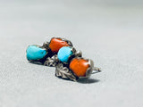 Glorious Vintage Native American Navajo Turquoise Coral Sterling Silver Leaf Earrings-Nativo Arts