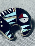 Extraordinary Native American Navajo Signed Inlay Jet Turquoise Coral Sterling Silver Bear-Nativo Arts