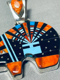 Brilliant Native American Navajo Signed Coral Jet Turquoise Inlay Sterling Silver Bear Pendant-Nativo Arts