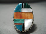 Huge Men's Native American Navajo Inlay Turquoise Coral Jet Sterling Silver Ring-Nativo Arts