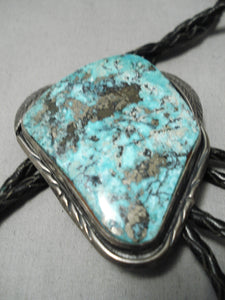 One Of The Best Vintage Native American Navajo Basalt Turquoise Sterling Silver Bolo Tie Old-Nativo Arts