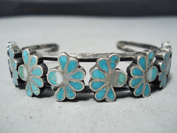 Outstanding Vintage Native American Zuni Blue Gem Turquoise Inlay Sterling Silver Bracelet Old-Nativo Arts