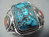 Native American Important Horse Hand Carved Turquoise Sterling Silver Coral Bracelet-Nativo Arts