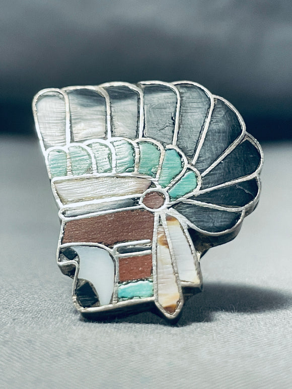 Native American One Of Most Detailed Vintage Navajo Turquoise Inlay Chief Sterling Silver Ring-Nativo Arts