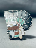 Native American One Of Most Detailed Vintage Navajo Turquoise Inlay Chief Sterling Silver Ring-Nativo Arts