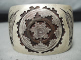 Wil Yazzie Vintage Native American Navajo Sterling Silver Basket Feathers Huge Bracelet-Nativo Arts