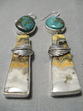 Exceptional Native American Navajo Longer Turquoise Sterling Silver Leaf Jasper Earrings-Nativo Arts