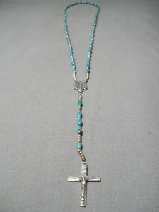 Very Rare Native American Navajo Turquoise Sterling Silver Rosary Christian Necklace-Nativo Arts