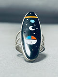 Amazing Native American Navajo Signed Cosmic Inlay Jet Turquoise Sterling Silver Large Ring-Nativo Arts