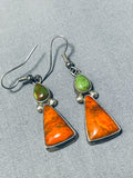 Fabulous Vintage Native American Navajo Royston Turquoise Orange Spiny Sterling Silver Earrings-Nativo Arts