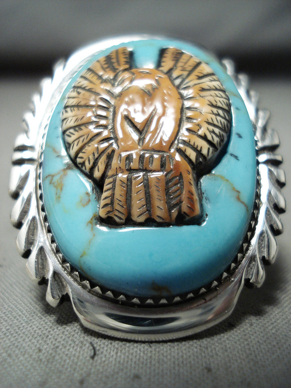 Native American Important Hand Carved Turquoise Eagle Sterling Silver Big Ring-Nativo Arts