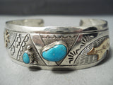 Rare Vintage Native American Navajo Gold Bear Carico Lake Turquoise Sterling Silver Bracelet-Nativo Arts