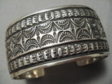 Important Stamp Genius Sterling Silver Wide Native American Navajo Bracelet Cuff-Nativo Arts