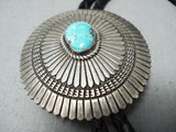 Detailed Vintage Native American Navajo Old Kingman Turquoise Sterling Silver Bolo Tie Old-Nativo Arts