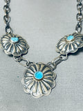 Traditional Native American Navajo Old Kingman Turquoise Sterling Silver Concho Necklace-Nativo Arts