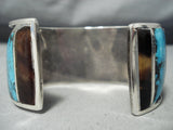 One Of The Best Vintage Native American Navajo Turquoise Inlay Sterling Silver Bracelet Huge-Nativo Arts