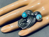 Fantastic San Felipe Signed Kingman Turquoise Sterling Silver Bear Ring-Nativo Arts