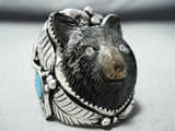 Native American One Of The Best Ever Hand Carved Bear Turquoise Sterling Silver Ring-Nativo Arts