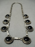 Heavy Vintage Native American Navajo Jet Stone Dime Sterling Silver Link Necklace Old-Nativo Arts
