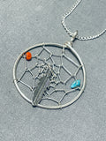 Dazzling Native American Navajo Turquoise Coral Sterling Silver Dreamcatcher Necklace-Nativo Arts