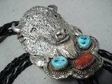 Huge Heavy Vintage Native American Navajo Buffalo Turquoise Sterling Silver Bolo Tie-Nativo Arts