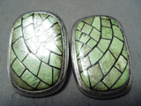 Detailed Intricate Vintage Native American Navajo Gaspeite Sterling Silver Inlay Earrings-Nativo Arts