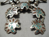 Intricate Vintage Native American Navajo Turquoise Coral Sterling Silver Squash Blossom Necklace-Nativo Arts