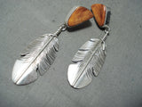 Detailed Native American Navajo Sterling Silver Feather Spiny Oyster Earrings-Nativo Arts