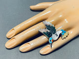 Superb Native American Zuni Signed Textured Inlay Turquoise Jet Sterling Silver Bird Ring-Nativo Arts