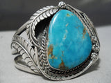 Huge Vintage Native American Navajo Carico Lake Turquoise Sterling Silver Leaf Bracelet Old-Nativo Arts