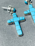 Impressive Vintage Native American Navajo Turquoise Sterling Silver Cross Earrings-Nativo Arts