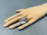 Tommy Nez Native American Navajo Coral Chunk Sterling Silver Leaf Ring-Nativo Arts