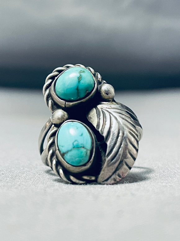 Amazing Vintage Native American Navajo Double Turquoise Sterling Silver Leaf Ring Old-Nativo Arts