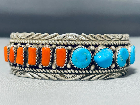Tremendous Vintage Native American Navajo Turquoise And Coral Sterling Silver Bracelet-Nativo Arts