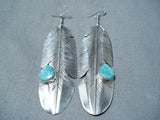 Feather Genius Native American Navajo Turquoise Sterling Silver Earrings-Nativo Arts