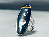 Amazing Native American Navajo Signed Cosmic Inlay Jet Turquoise Sterling Silver Large Ring-Nativo Arts