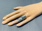 Unique Vintage Native American Navajo Turquoise Chip Inlay Waterbird Sterling Silver Ring-Nativo Arts