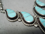 Detailed Vintage Native American Zuni Blue Gem Turquoise Inlay Sterling Silver Necklace-Nativo Arts